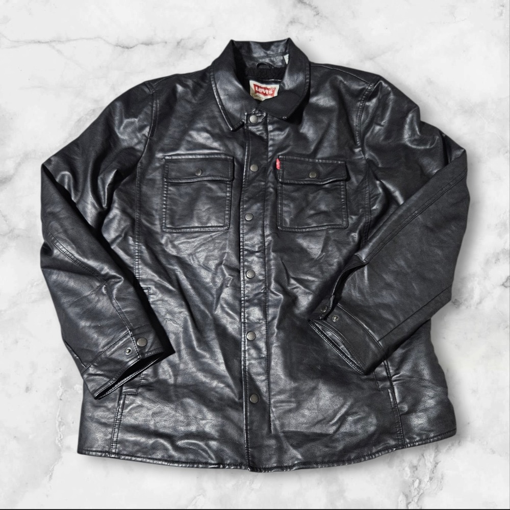 Levis Faux Leather Trucker Sherpa-Lined Jacket Black Zip Snap Button Biker Men L